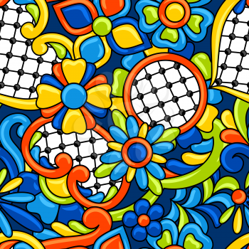 Mexican talavera seamless pattern. Decorative background with ornamental flowers. Traditional tile decorative objects. Ethnic folk ornament.