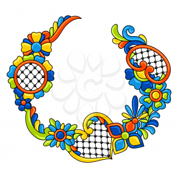 Decorative element with mexican talavera pattern. Decoration with ornamental flowers. Traditional tile objects. Ethnic folk ornament.