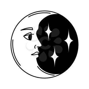 Magic bohemian moon. Mystic, alchemy, spirituality, tattoo art. Isolated vector illustration. Black and white simbol.
