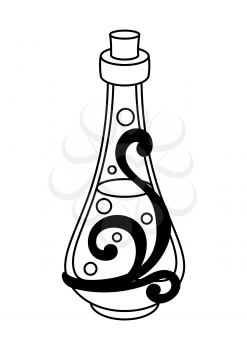 Bottle with magic elixir or potion. Mystic, alchemy, spirituality, tattoo art. Isolated vector illustration. Black and white simbol.