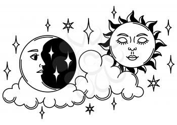 Magic illustration with sun and moon. Mystic, alchemy, spirituality and tattoo art. Isolated vector print. Black and white magical simbol.