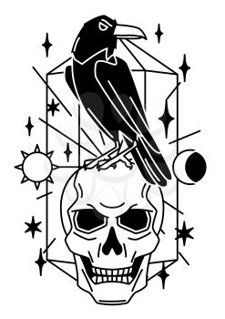 Magic illustration with raven and skull. Mystic, alchemy, spirituality and tattoo art. Isolated vector print. Black and white magical simbol.
