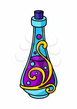 Bottle with magic elixir or potion. Mystic, alchemy, spirituality, tattoo art. Isolated vector illustration. Esoteric symbol in cartoon style.