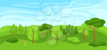 Spring landscape with forest, trees and bushes. Seasonal nature illustration.