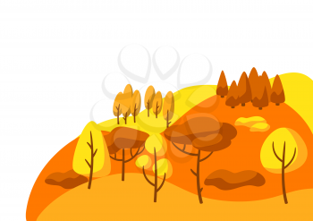 Autumn landscape with forest, trees and bushes. Seasonal nature illustration.