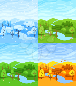 Four seasons landscape. Illustration with forest, trees and bushes in winter, spring, summer, autumn. Natural seasonal background.