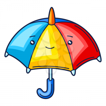 Illustration of cute kawaii umbrella. Funny seasonal child illustration. Cartoon stylized character.