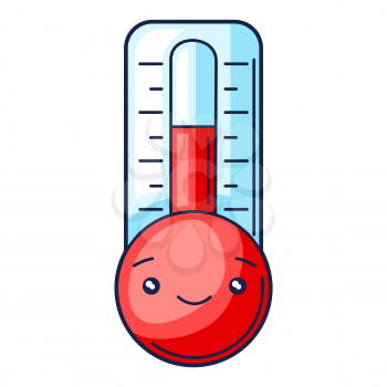 Illustration of cute kawaii thermometer. Funny seasonal child illustration. Cartoon stylized character.