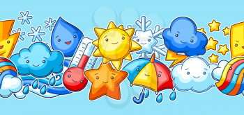 Seamless pattern with cute kawaii weather items. Funny seasonal child illustration. Cartoon stylized characters.