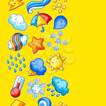 Seamless pattern with cute kawaii weather items. Funny seasonal child illustration. Cartoon stylized characters.