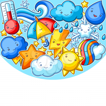 Background with cute kawaii weather items. Funny seasonal child illustration. Cartoon stylized characters.