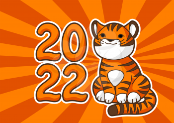 Greeting card with cute tiger. Symbol of Happy Chinese New Year 2022. Animal cartoon character.