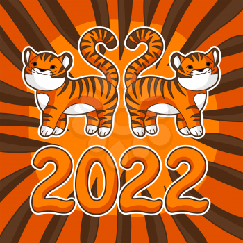 Greeting card with cute tigers. Symbol of Happy Chinese New Year 2022. Animal cartoon character.