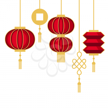 Illustration of hanging red lanterns. Decorative oriental symbol for design of cards and invitations. Asian tradition element.