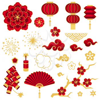 Happy Chinese New Year set of decorative objects. Background with oriental symbols. Asian tradition elements.