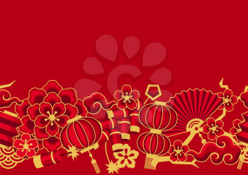 Happy Chinese New Year ceamless pattern. Background with oriental symbols. Asian tradition elements.