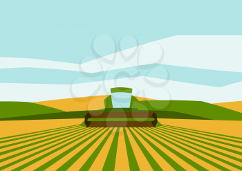Combine harvester on wheat field. Agricultural illustration farm rural landscape. Seasonal nature background.