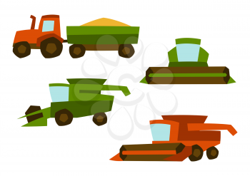 Agricultural set of harvesting items. Combine harvesters and tractor. Industrial illustration.
