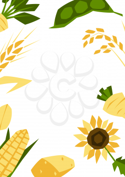 Background with agricultural crops. Harvesting stylized illustration. Vegetables and cereals.