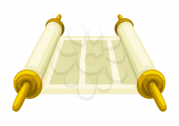 Illustration of Torah Scroll. Jewish Book of Law. Ancient parchment with wooden handles.