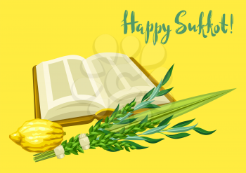 Happy Sukkot greeting card. Holiday background with Jewish festival traditional symbols. Four species etrog, lulav, willow and myrtle branches.