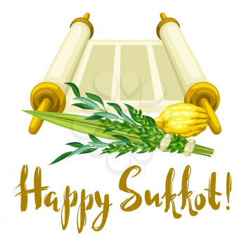 Happy Sukkot greeting card. Holiday background with Jewish festival traditional symbols. Four species etrog, lulav, willow and myrtle branches.
