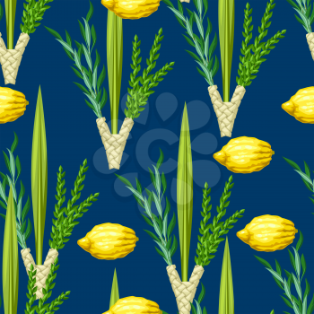 Happy Sukkot seamless pattern. Holiday background with Jewish festival traditional symbols. Four species etrog, lulav, willow and myrtle branches.