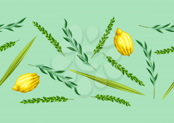 Happy Sukkot seamless pattern. Holiday background with Jewish festival traditional symbols. Four species etrog, lulav, willow and myrtle branches.