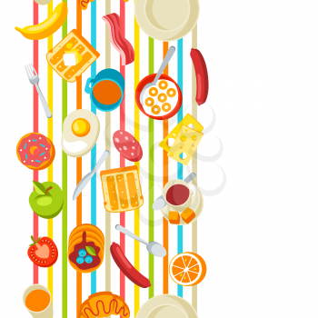 Healthy breakfast seamless pattern. Various tasty food and drinks. Illustration for cafes, restaurants and hotels.