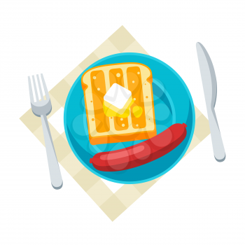 Breakfast illustration. Tasty toast with butter and sausage. Concept for cafes, restaurants and hotels.