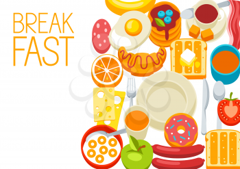 Healthy breakfast background. Various tasty food and drinks. Illustration for cafes, restaurants and hotels.
