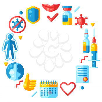 Vaccination concept frame with vaccine icons. Immunization items. Health care and protection from virus. Medical and scientific industry.