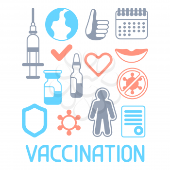 Vaccination set with vaccine icons. Immunization items. Health care and protection from virus. Medical and scientific industry.