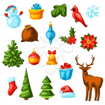 Set of Merry Christmas objects. Holiday items in cartoon style. Happy celebration.