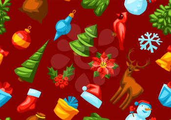 Merry Christmas seamless pattern. Holiday background in cartoon style. Happy celebration.