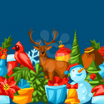 Merry Christmas seamless pattern. Holiday background in cartoon style. Happy celebration.