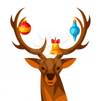 Merry Christmas illustration with deer and decoration. Holiday invitation or greeting card in cartoon style. Happy celebration.