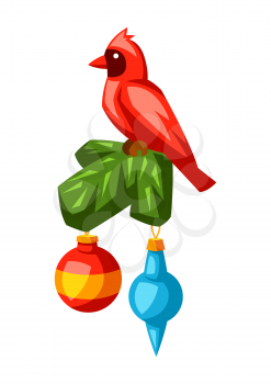 Merry Christmas illustration with red cardinal bird and decoration. Holiday invitation or greeting card in cartoon style. Happy celebration.