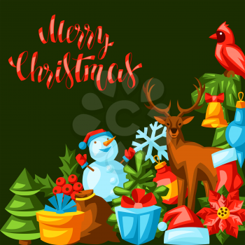 Merry Christmas invitation or greeting card. Holiday illustration in cartoon style. Happy celebration.