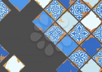 Portuguese azulejo vintage ceramic tile background. Old grunge illustration with chipped enamel tile. Italian pottery or spanish majolica. Mediterranean traditional ornament.