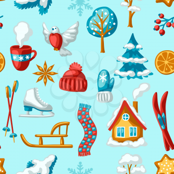 Winter seasonal seamless pattern. Outdoor leisure and cute fun things. Merry Christmas holiday and vacation time.