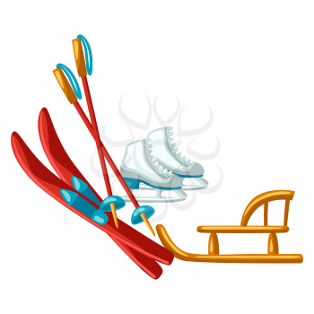 Skiing, sledging and skating for fun outdoor activities. Winter sport stylized illustration. Merry Christmas holiday and vacation time.