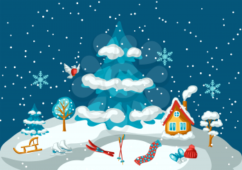 Winter seasonal scene. Outdoor leisure and cute fun things. Merry Christmas holiday and vacation time.