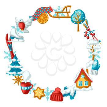 Winter seasonal frame. Outdoor leisure and cute fun things. Merry Christmas holiday and vacation time.