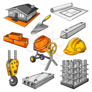 Icon set of housing construction items. Industrial repair or building tools and symbols.