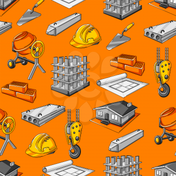 Seamless pattern with housing construction items. Industrial repair or building tools and symbols.
