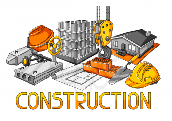 Background design with housing construction items. Industrial repair or building tools and symbols.
