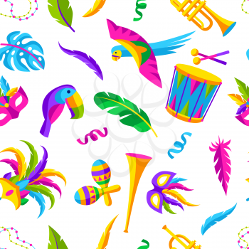Carnival party seamless pattern with celebration icons, objects and decor. Mardi Gras background for traditional holiday or festival.