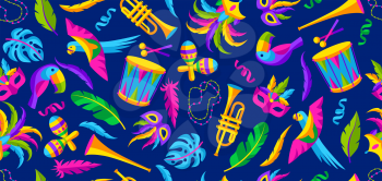 Carnival party seamless pattern with celebration icons, objects and decor. Mardi Gras background for traditional holiday or festival.