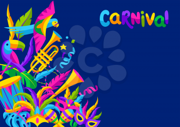 Carnival party background with celebration icons, objects and decor. Mardi Gras illustration for traditional holiday or festival.